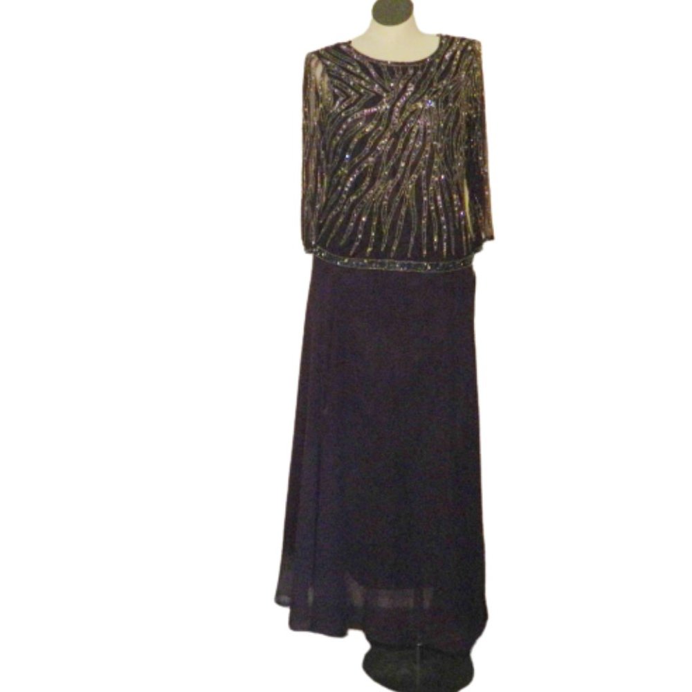 J Kara $ 315 Plus Size Sequined Overlay/Popover Gown Dress Plum Mulberry…
